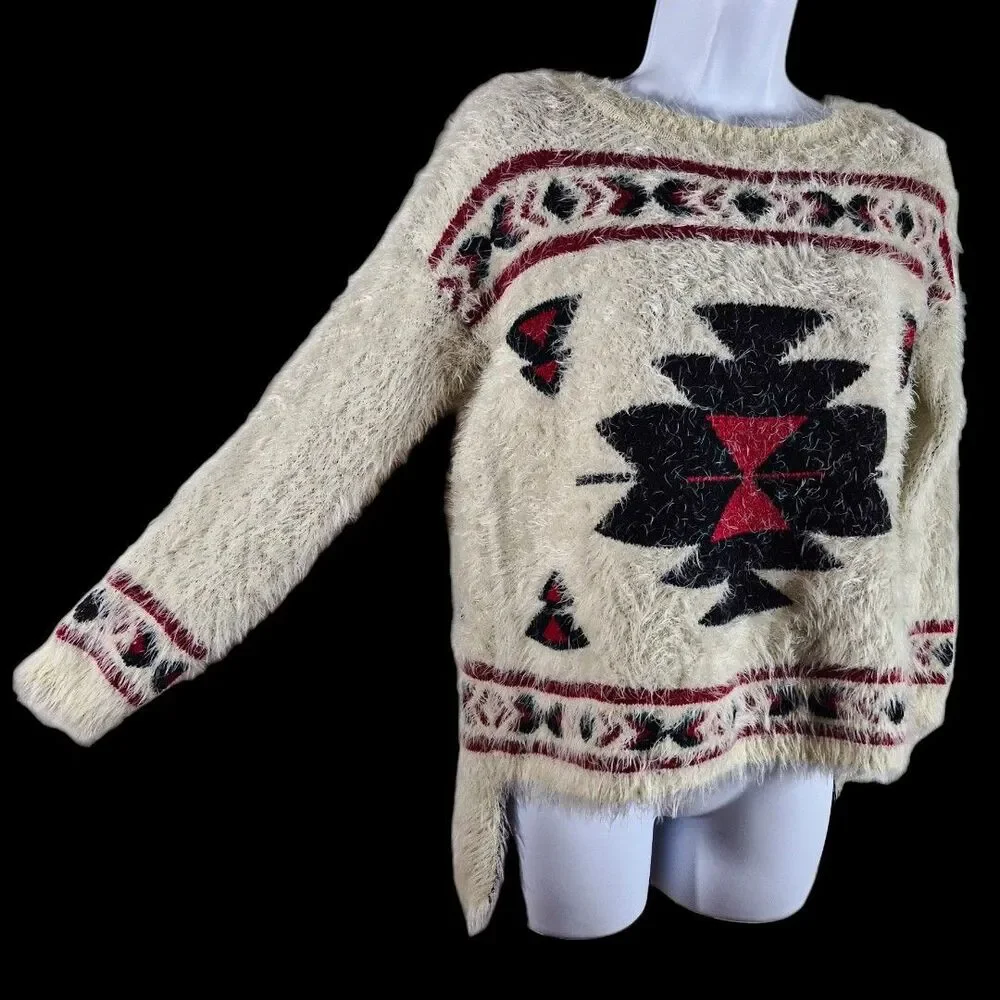 Aztec S Tribal Eyelash Sweater Hi Low Southwestern Cabincore Cozy Lodge Boho
